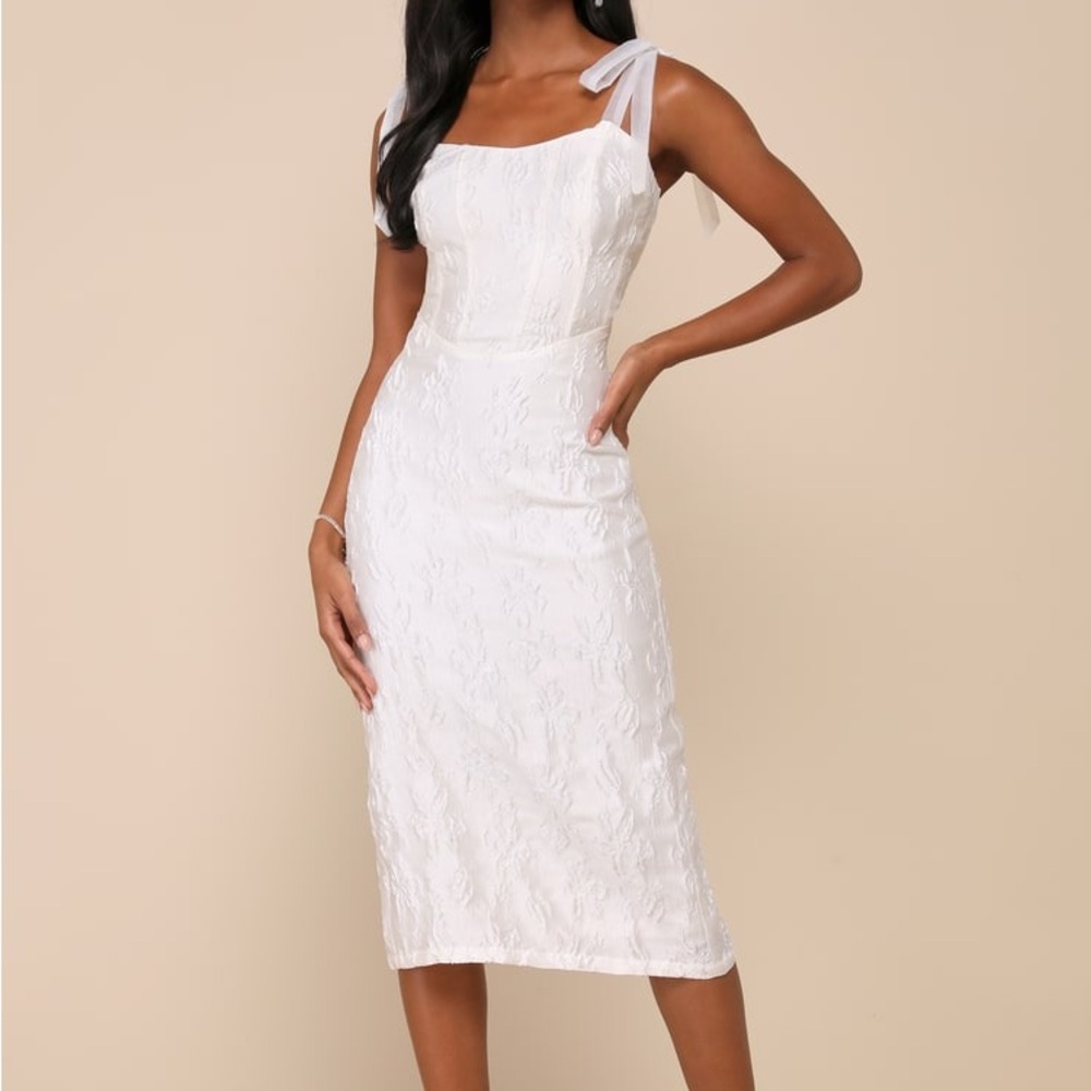 Lulus WHITE SATIN JACQUARD TIE-STRAP MIDI DRESS Size XL New With Tags